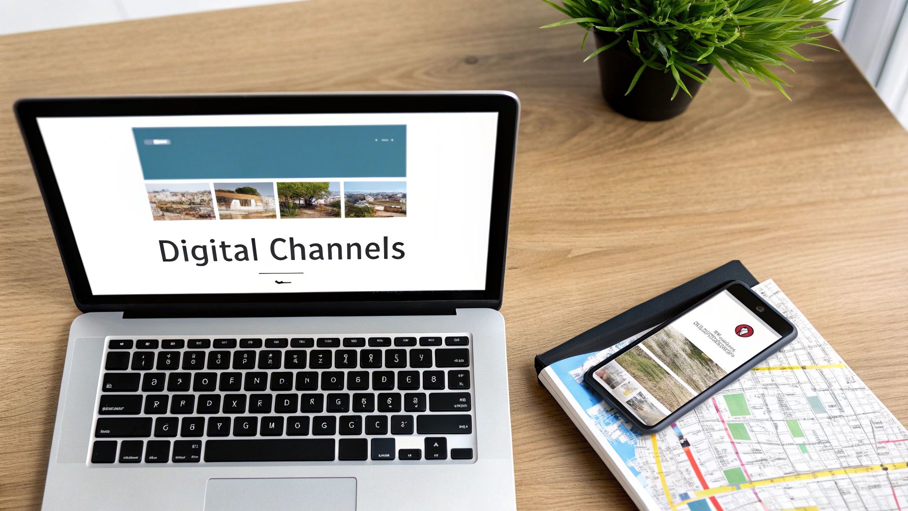 A laptop displaying 'Digital Channels' on a wooden desk with a smartphone, map, and a green plant.