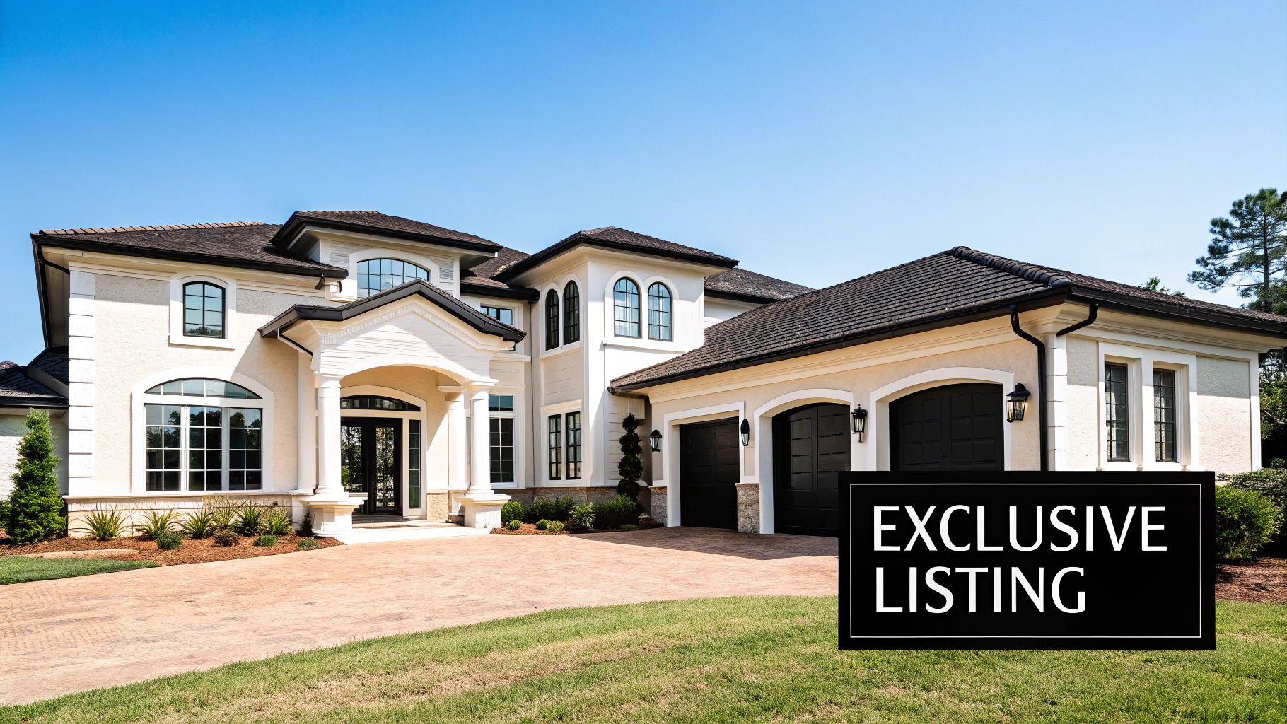 Stunning cream stucco home with dark roof and multiple windows, featuring an 'Exclusive Listing' sign on the lawn.