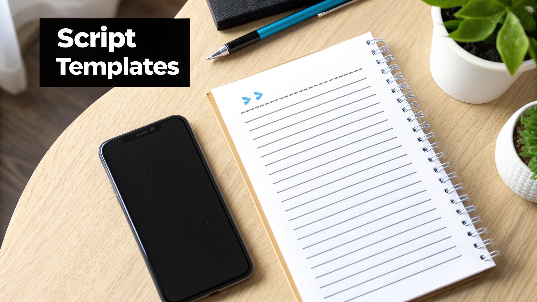Overhead view of a workspace with a smartphone, lined notebook, pen, and potted plants. Text says 'Script Templates'.