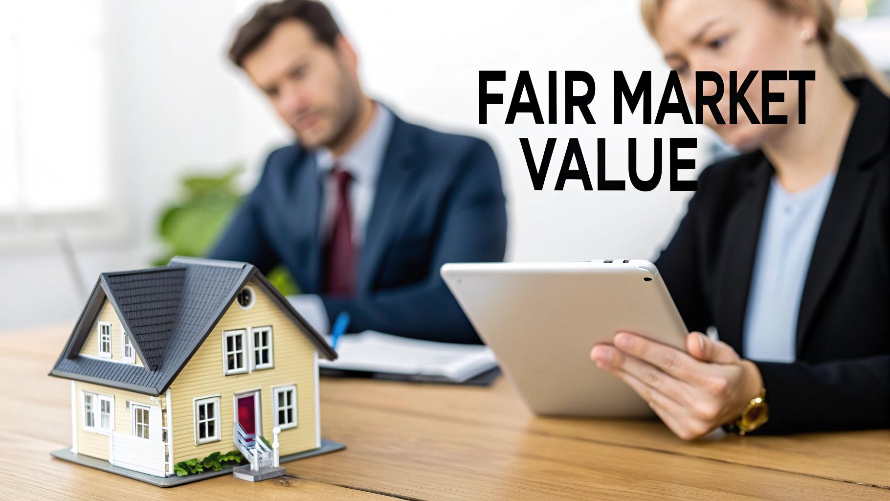 Real estate professionals evaluating a property's fair market value with a miniature house model.