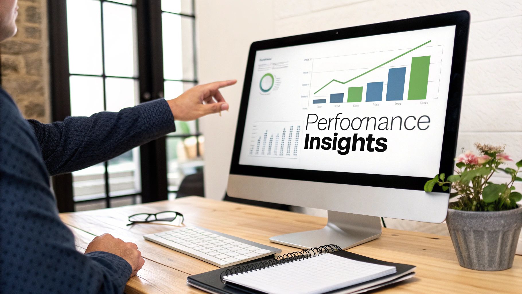 A person points at a computer screen displaying 'Performance Insights' with business data charts.