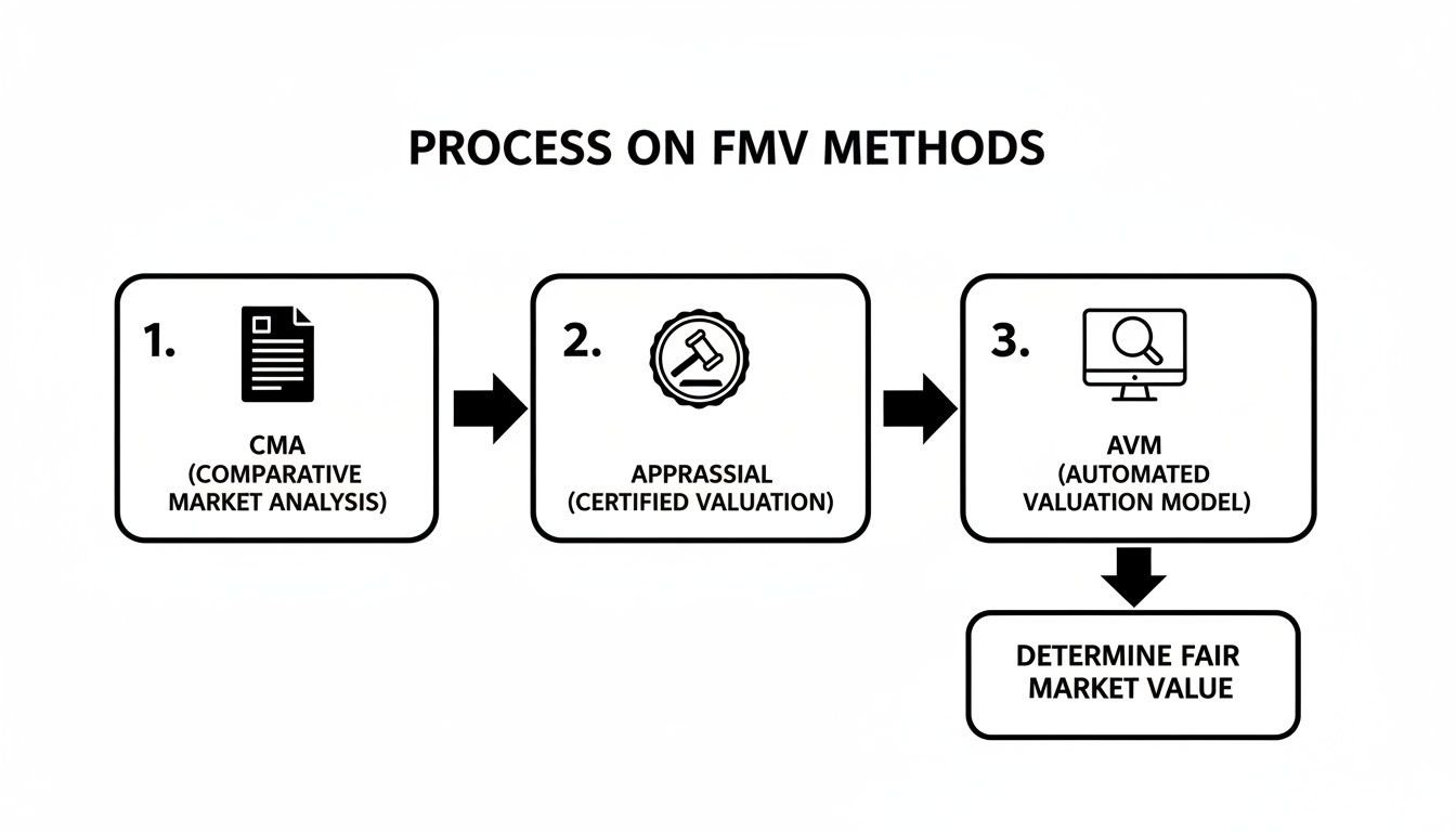 Flowchart illustrating the process of determining Fair Market Value using CMA, Appraisal, and AVM.