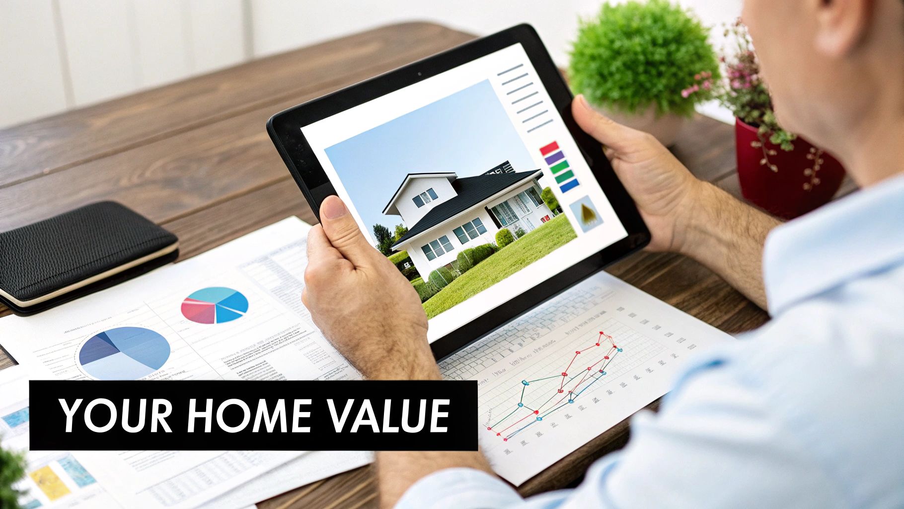 Person holding tablet displaying a house, with charts and graphs on a table, representing home value.
