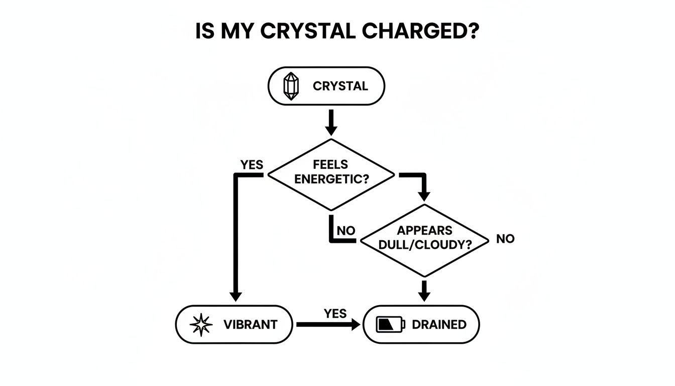 A flowchart explaining how to determine if a crystal is charged, leading to 'vibrant' or 'drained' states.