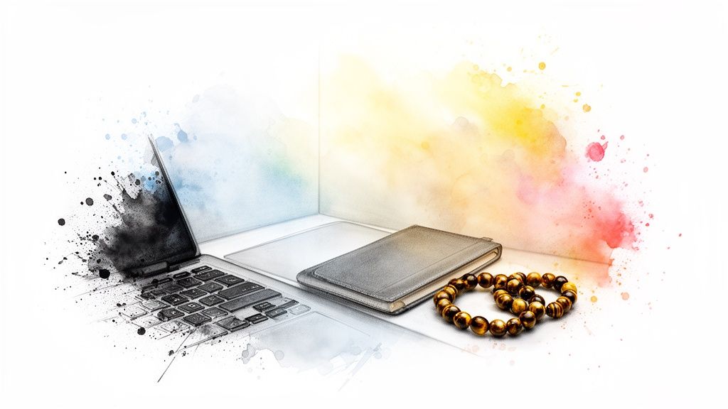 A creative desk setup with a laptop, notebook, and tiger eye bracelets against a colorful watercolor background.