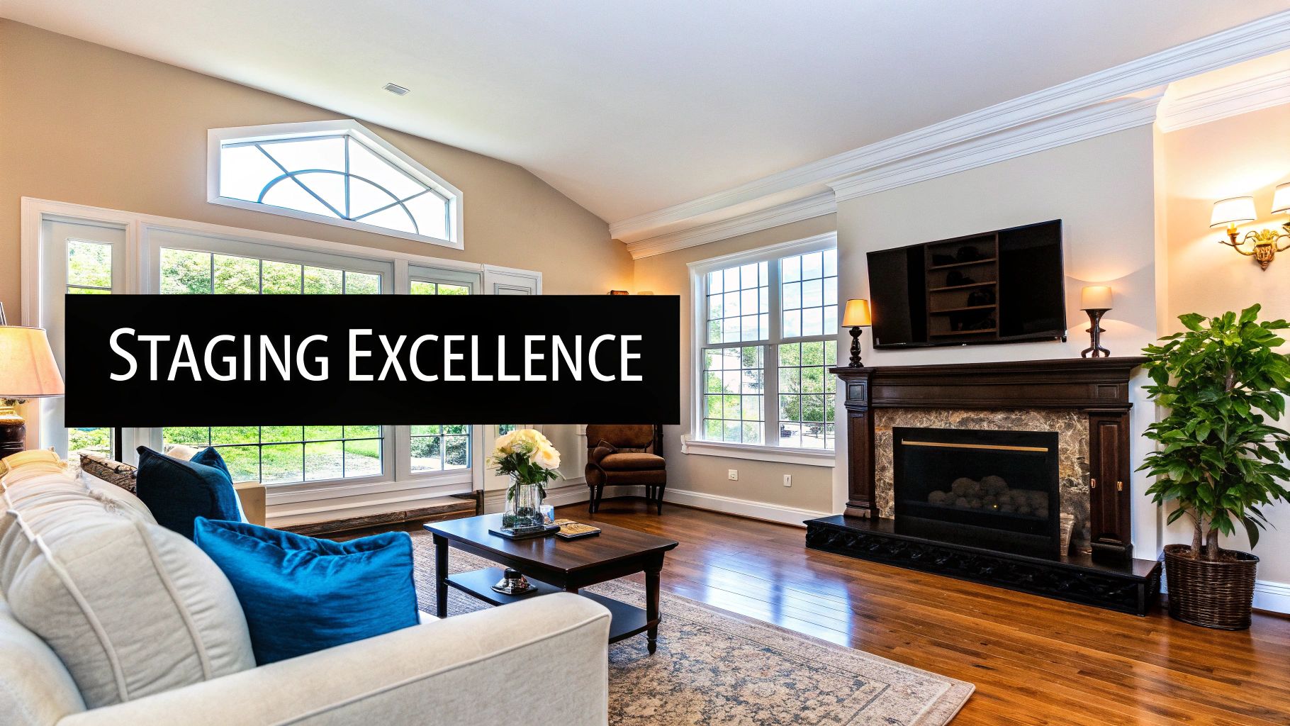 A beautifully staged living room with a white sofa, blue pillows, a fireplace, large windows, and a 'Staging Excellence' banner.