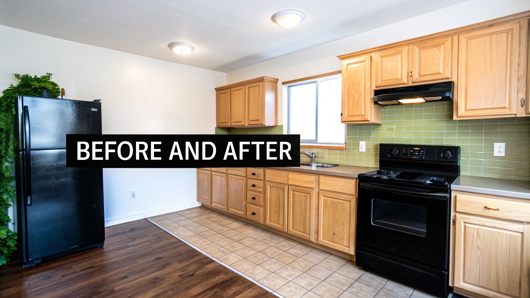 Kitchen interior with wooden cabinets, black appliances, green tiled backsplash, and mixed flooring.