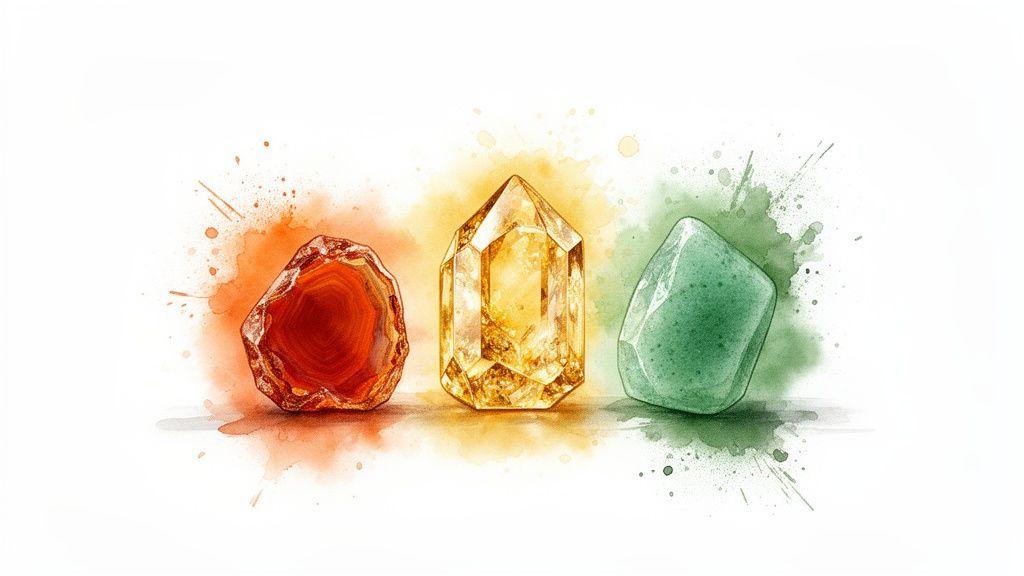Three vibrant watercolor gemstones: red agate, golden crystal, and green tumbled stone with paint splatters.