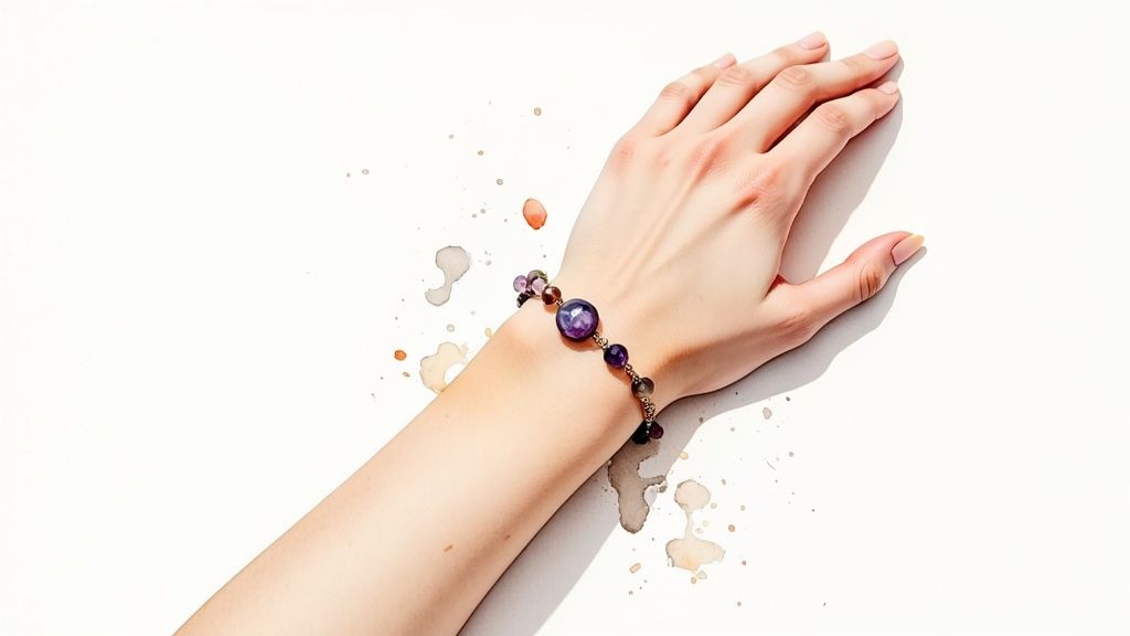 A collection of colorful gemstone bracelets arranged in a stack on a wooden surface