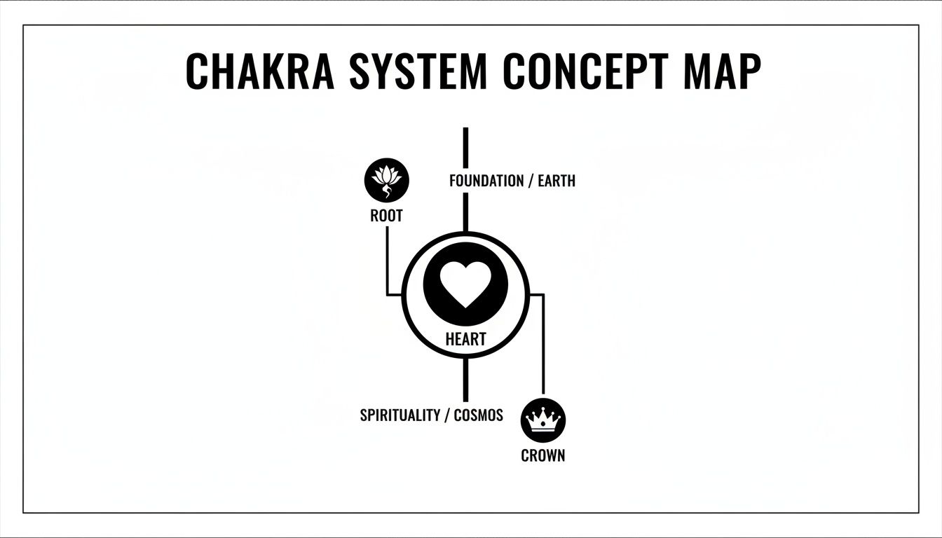 A minimalist concept map showing the chakra system, connecting root and crown to the central heart.
