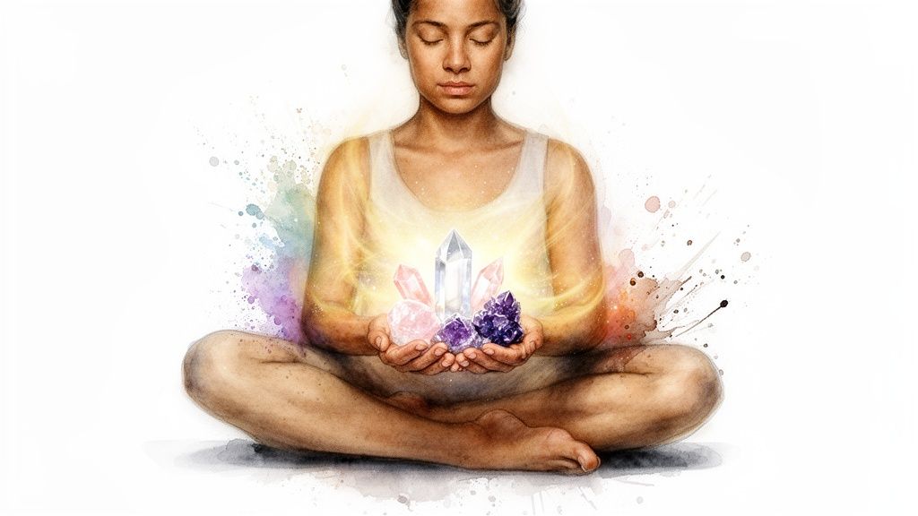 A serene person meditating, holding glowing pink and purple healing crystals with radiant energy.