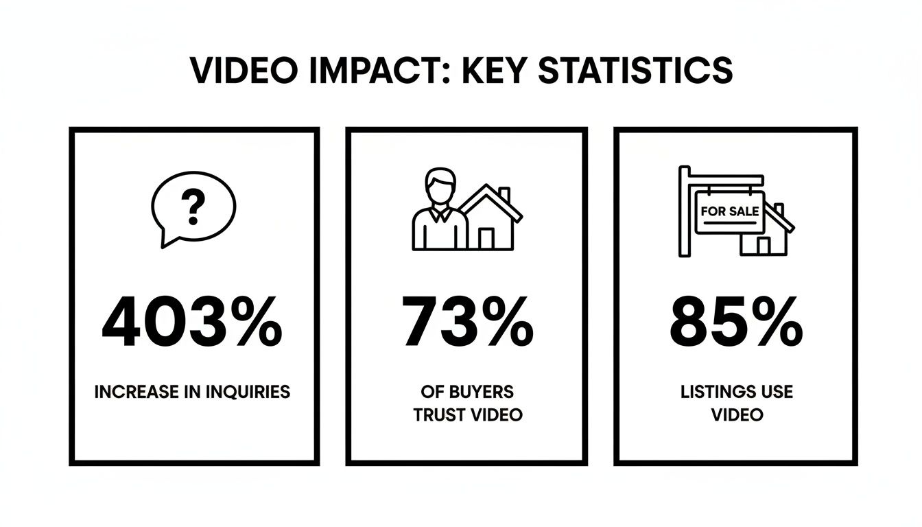 Infographic displaying key statistics on video's impact in real estate, showing increased inquiries, buyer trust, and listing usage.