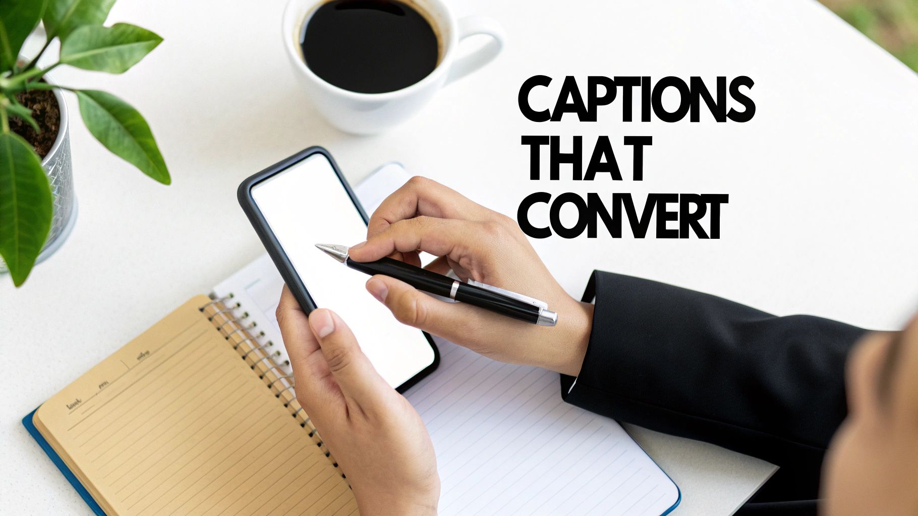 Hands interact with a smartphone and pen on a desk with coffee and notebooks. Text says 'CAPTIONS THAT CONVERT'.