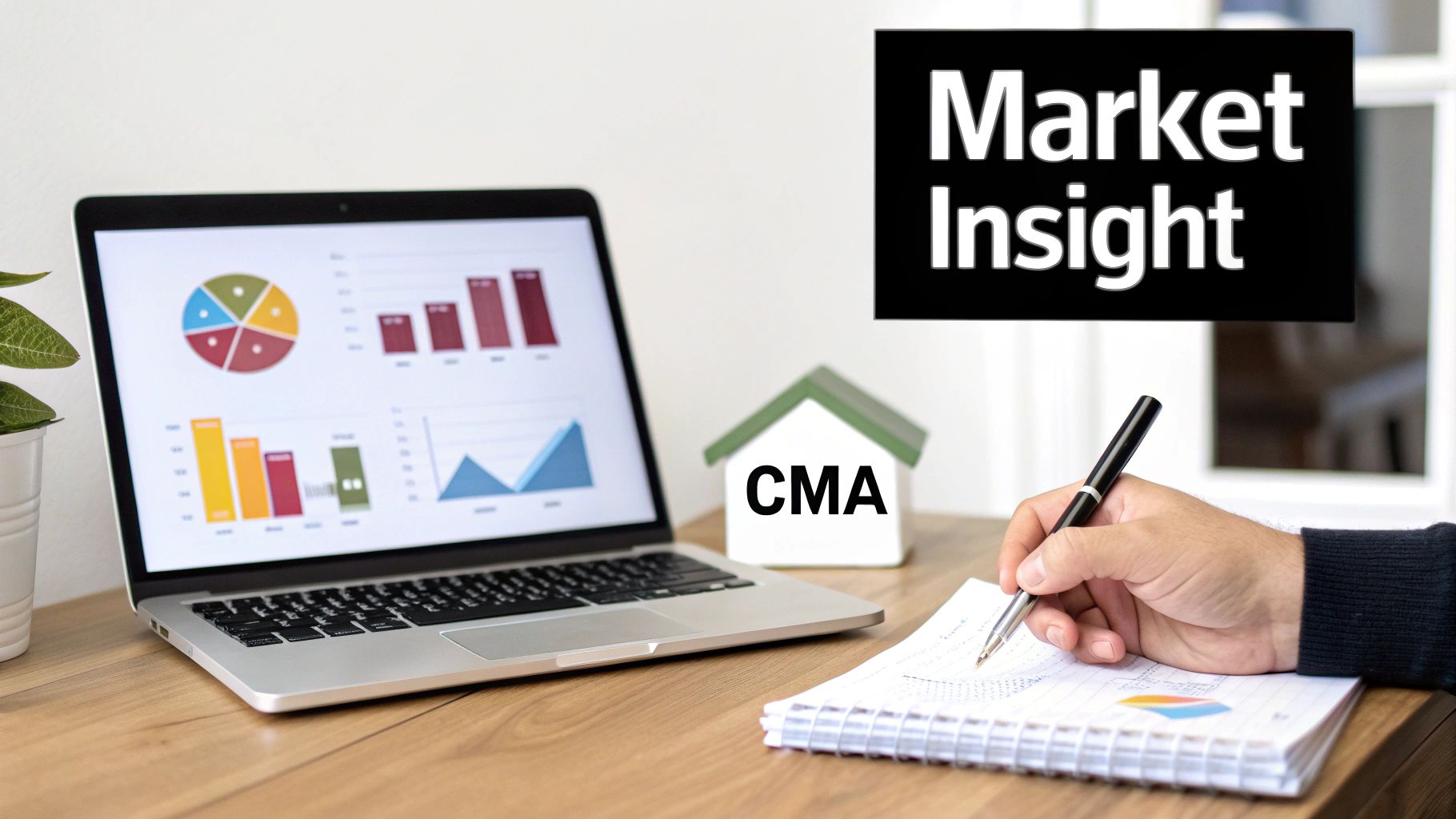 A person analyzing market data on a laptop and notebook, with a 'CMA' house model and 'Market Insight' sign.