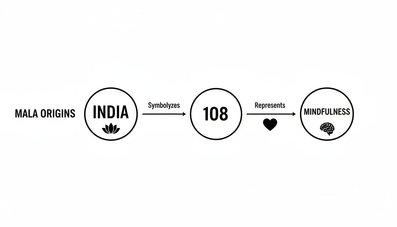 A diagram illustrating Mala origins from India, symbolizing 108, representing mindfulness with a heart and brain icon.