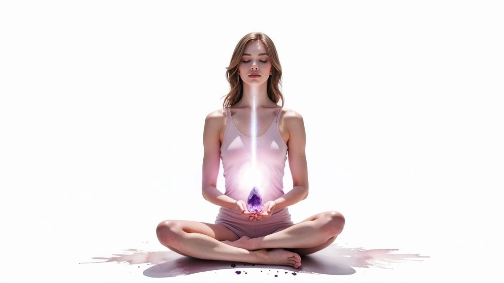 Woman holding a crystal in her palm during a mindful moment
