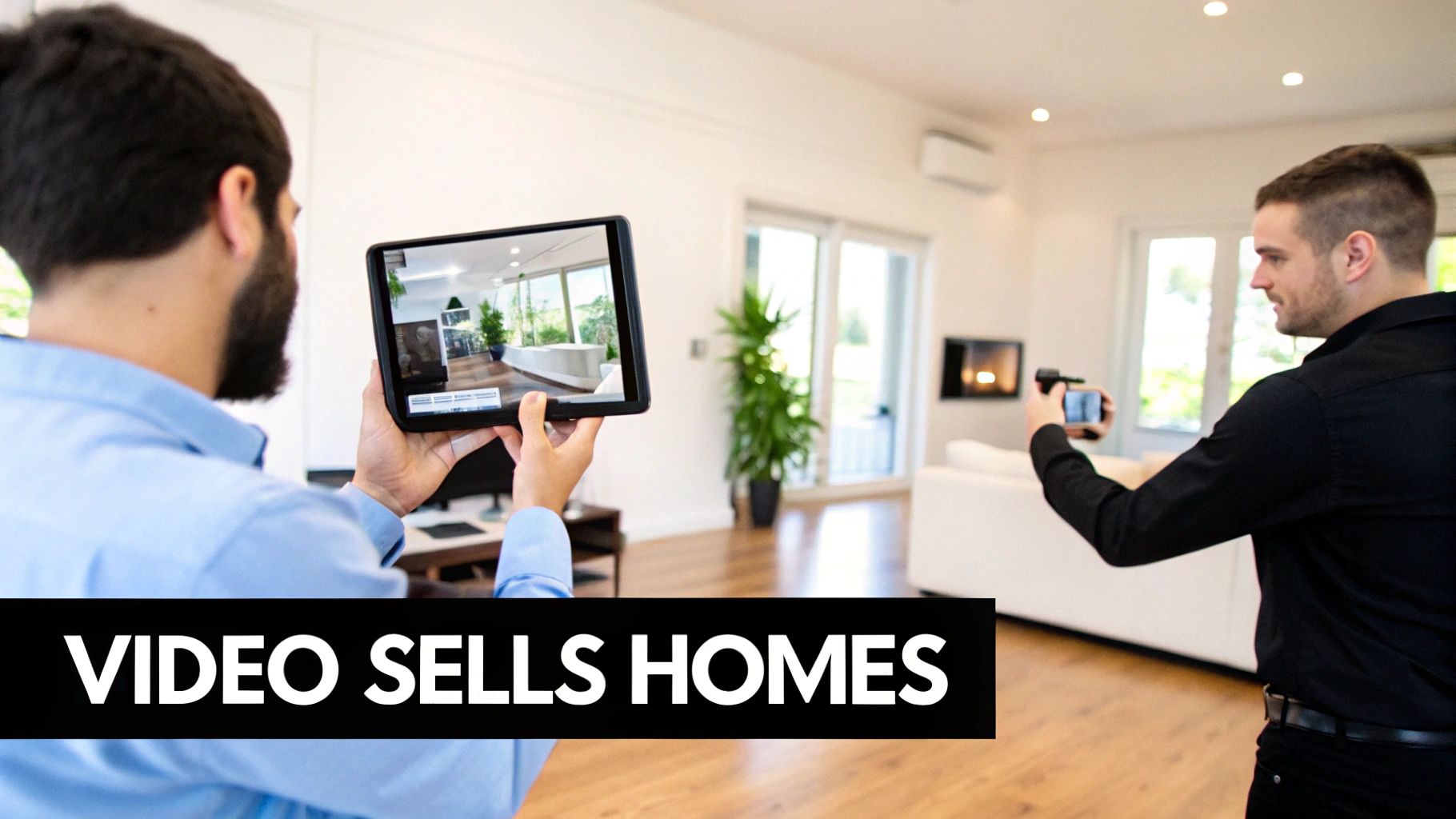 Two men use a tablet and smartphone to create a video and virtual tour of a modern home.