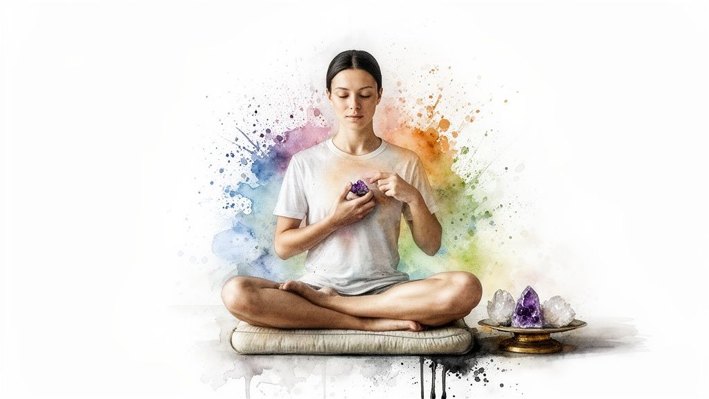 A woman meditating in lotus position, holding a purple crystal, with colorful watercolor splashes.