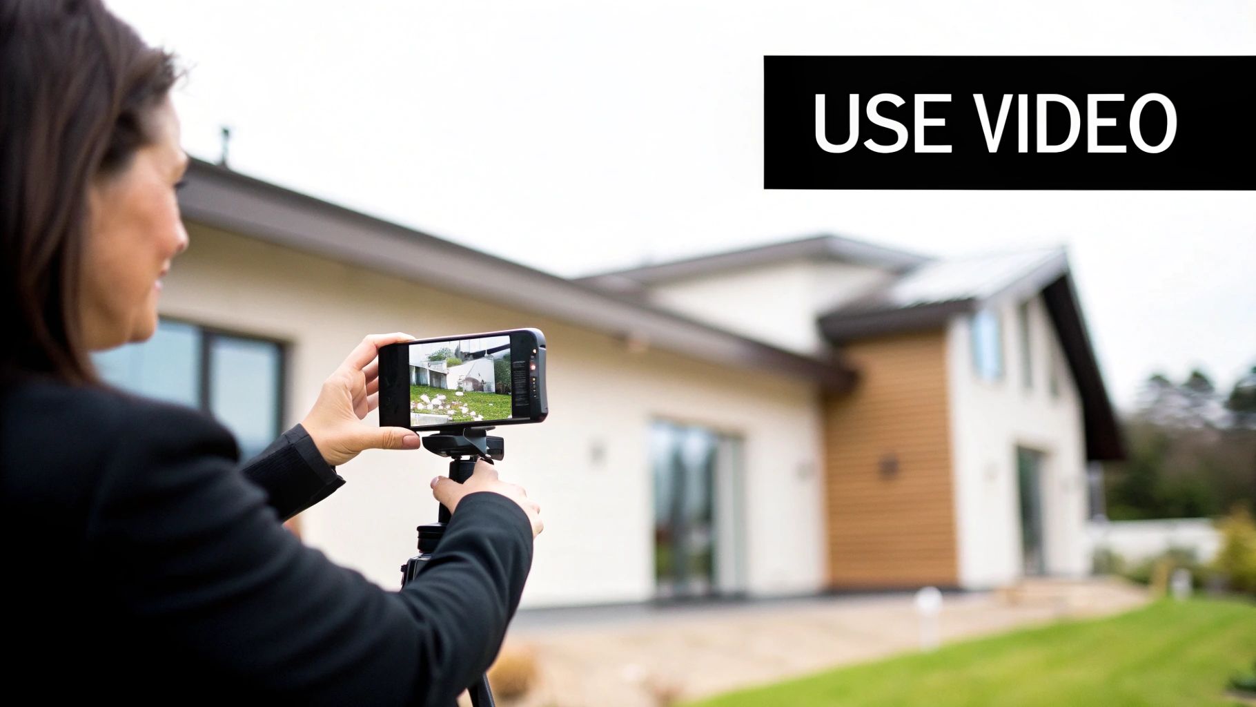 A person films a modern house with a smartphone on a tripod, emphasizing using video for content.