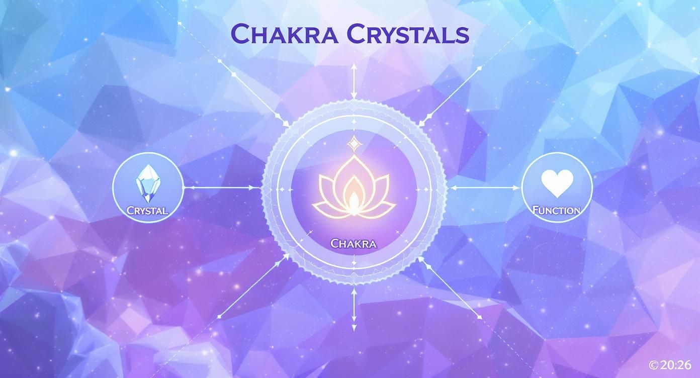 Diagram illustrating Chakra Crystals, connecting a central lotus flower to a crystal and heart for function.