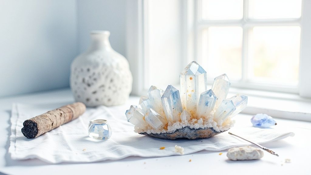A beautiful celestite crystal cluster with light blue points rests on a white cloth near a bright window.