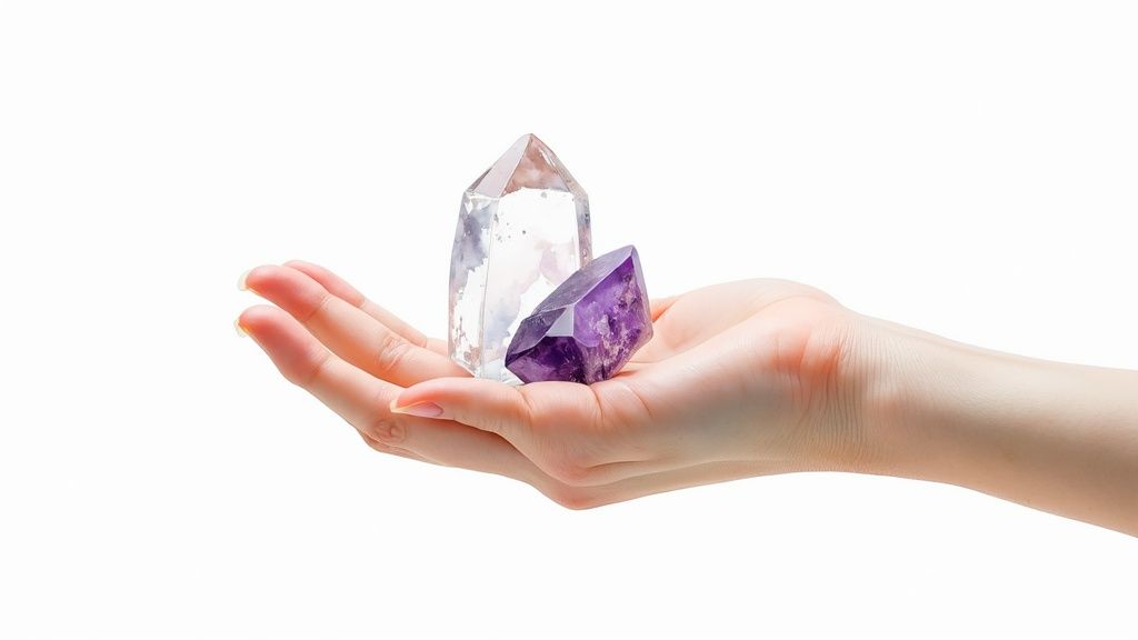 Hand holding clear quartz and purple amethyst crystals for meditation and healing practices