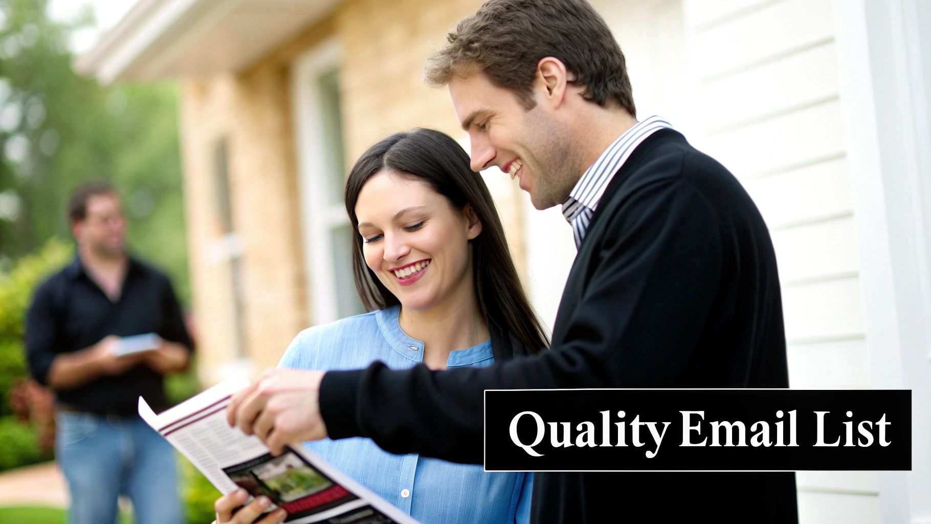 Two happy individuals, a man and a woman, smiling while reviewing a brochure outdoors, possibly real estate.