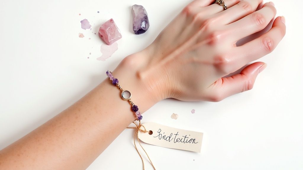 A person's arm and hand wearing a purple gemstone bracelet with a 'protection' tag.