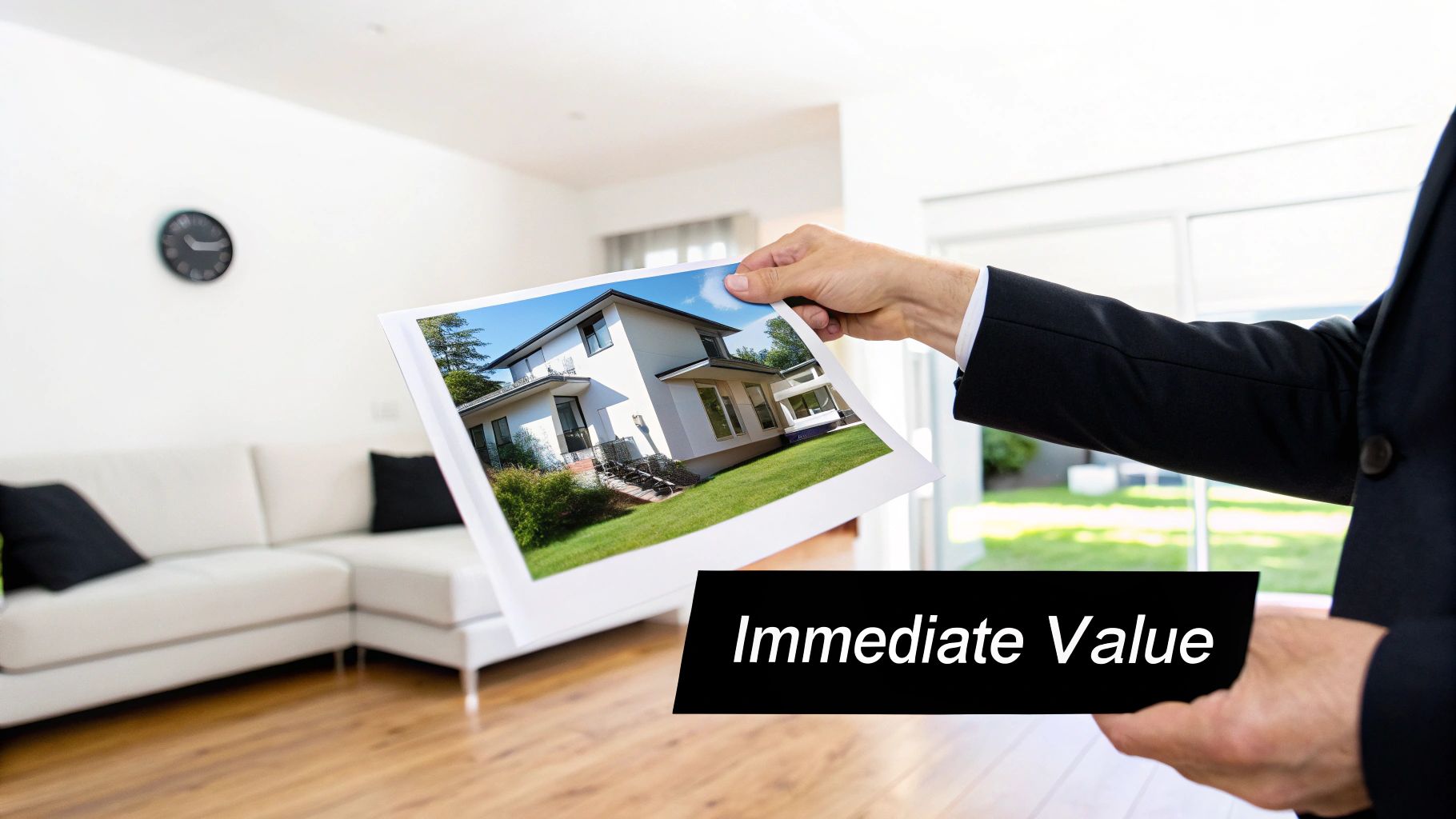 A person in a suit holds a photo of a modern house, displaying 'Immediate Value' for real estate.