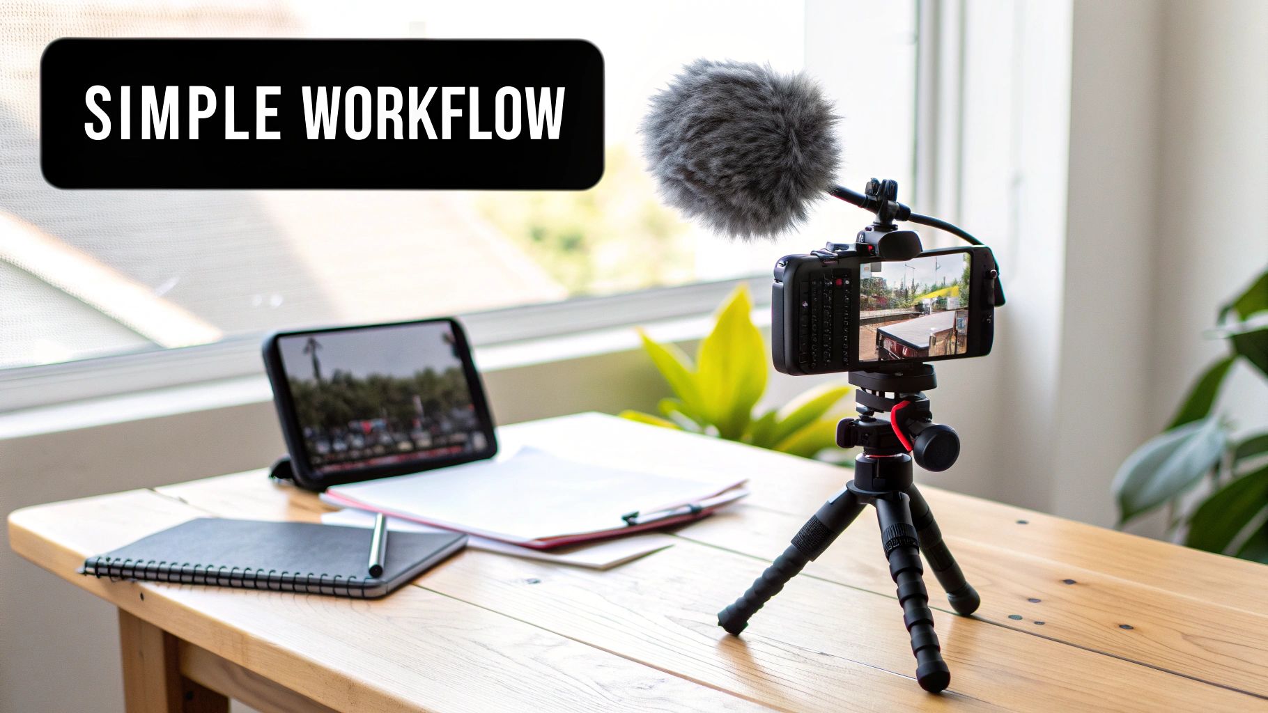 Desk setup with a smartphone camera, microphone, tablet, and notebook, with "SIMPLE WORKFLOW" text above.