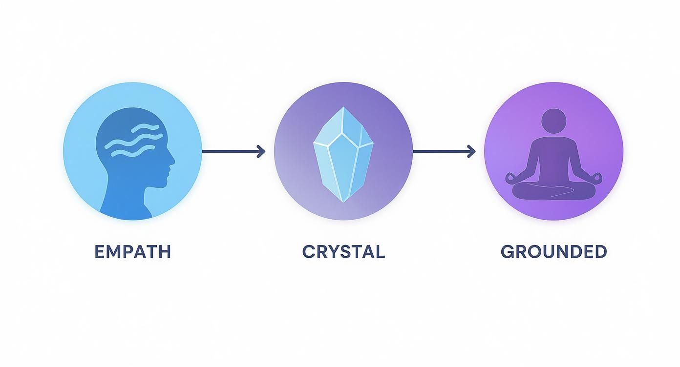 Three circular icons showing progression from empath mind to crystal to grounded meditation person