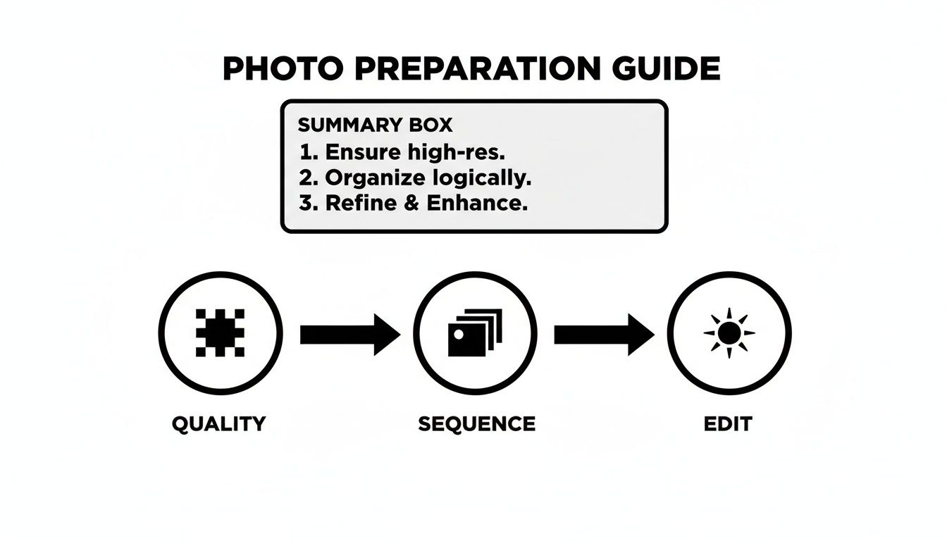 A photo preparation guide showing steps for quality, logical sequencing, and editing.