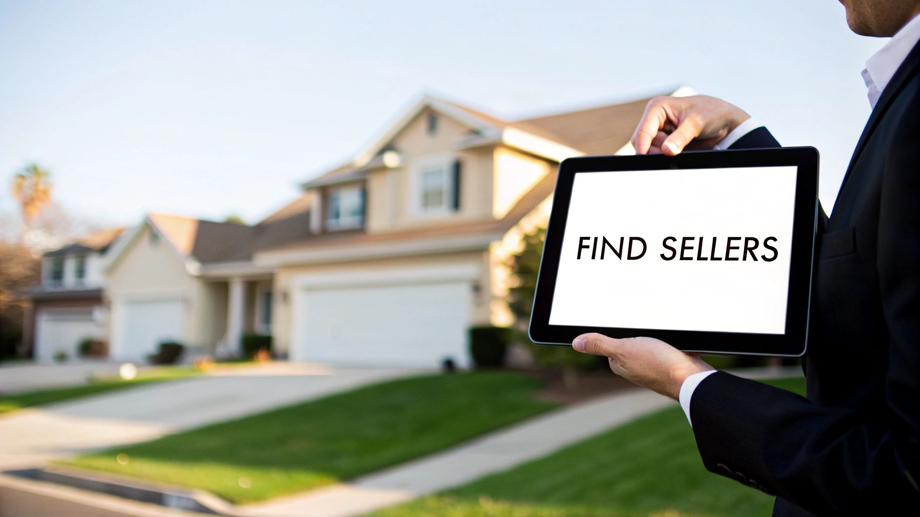 A real estate agent holds a tablet with 'FIND SELLERS' text, standing before suburban homes.