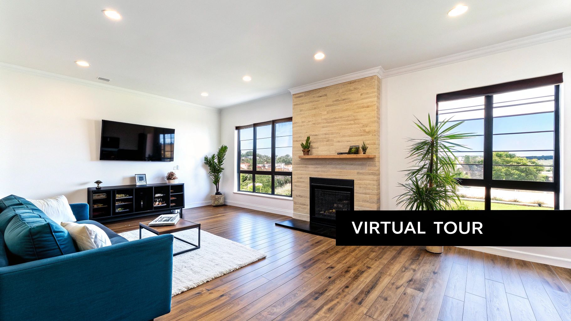 A bright modern living room with a blue sofa, fireplace, large windows, and wooden floors.