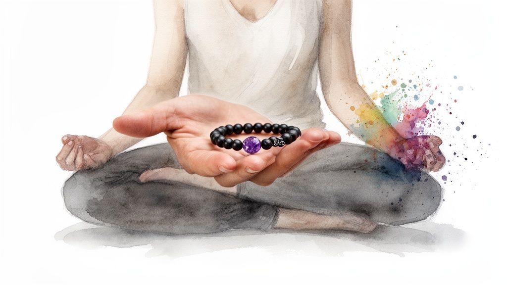 Watercolor illustration of a person meditating, holding a black beaded bracelet with a purple crystal.