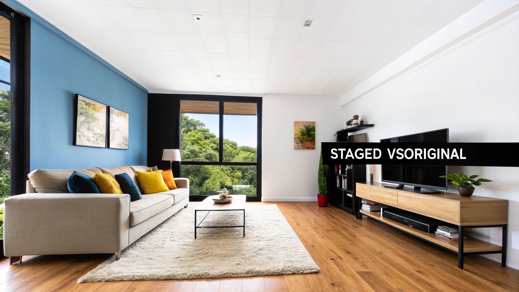 A modern living room with a beige sofa, colorful pillows, a coffee table, and a TV setup.