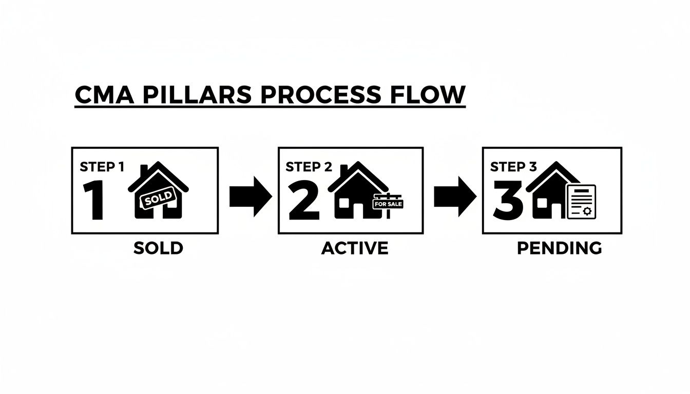 CMA Pillars real estate process flow diagram showing steps: Sold, Active, and Pending properties.