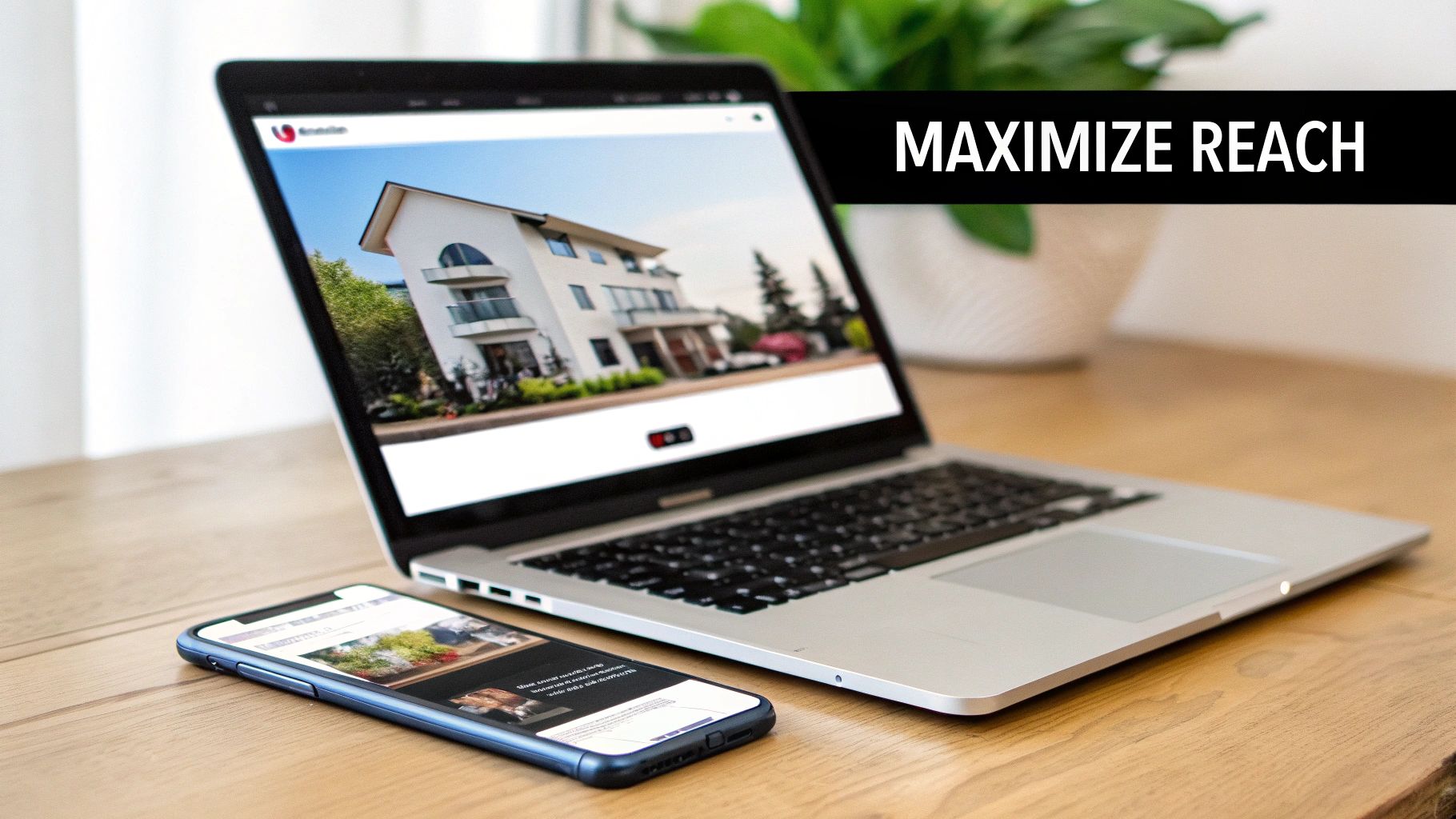 A hand holding a smartphone displaying a real estate video, with social media icons floating around it.