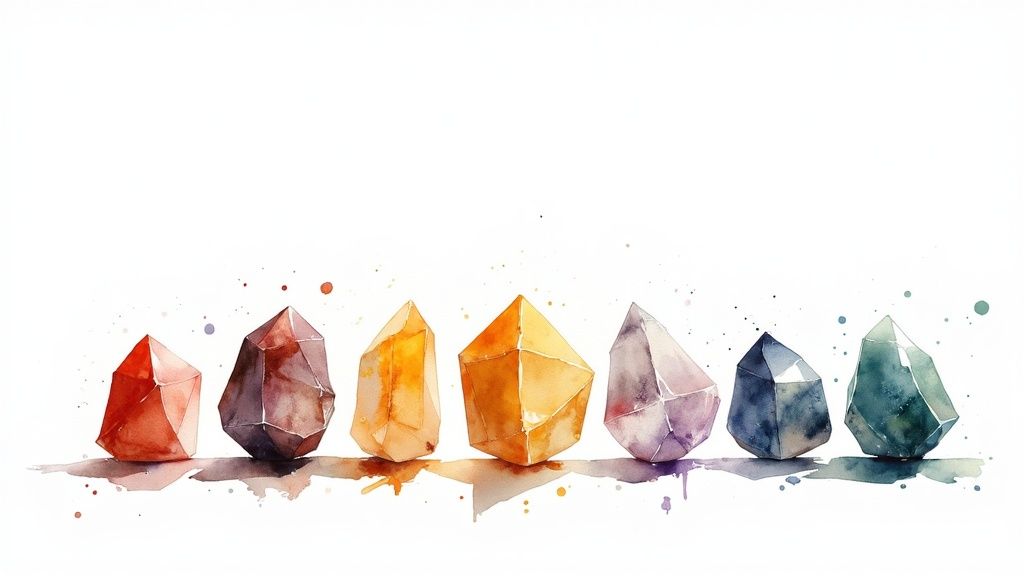 A watercolor painting of seven colorful crystals in a row, with reflections and paint splatters.