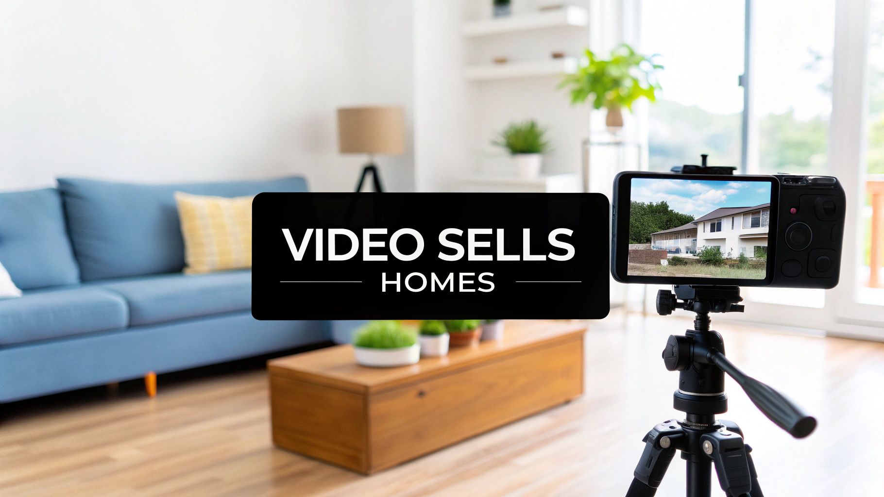 Camera on tripod in a modern living room, screen shows a house with 'VIDEO SELLS HOMES' text. Real estate video.