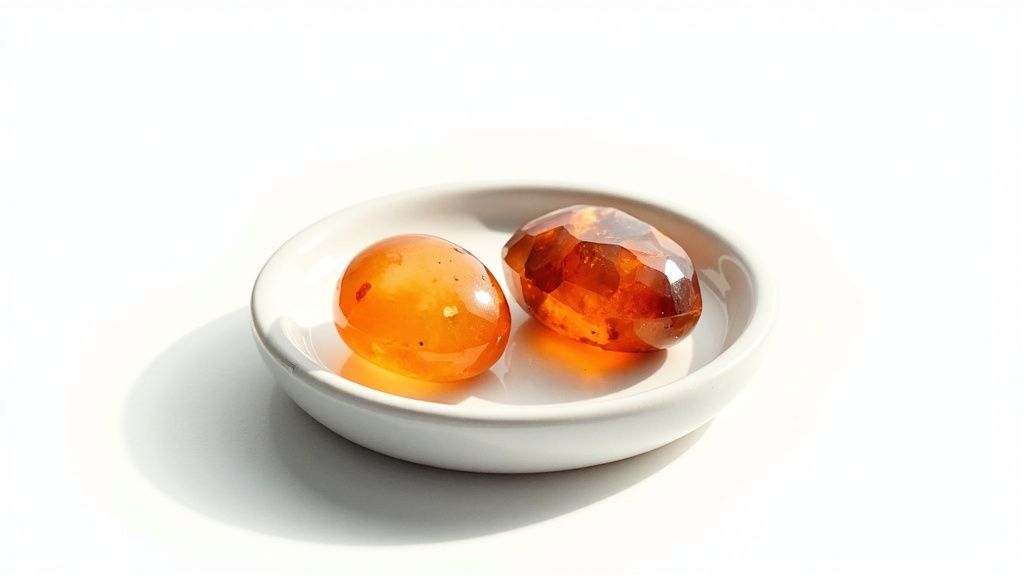 Two polished orange carnelian gemstones displayed on white ceramic dish for confidence and courage