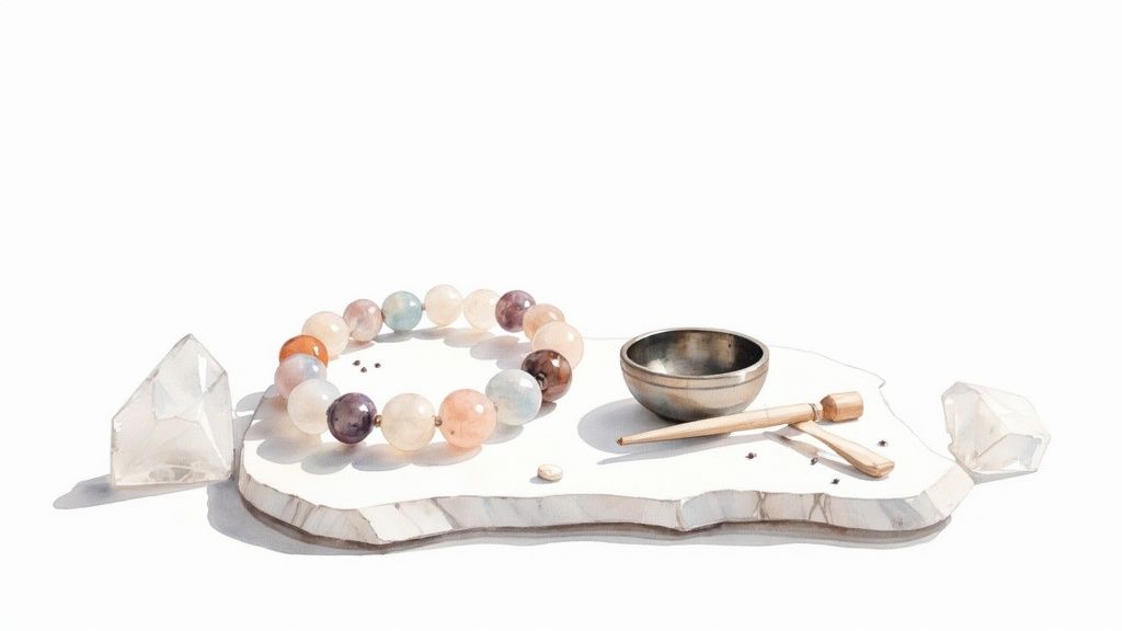 A colorful crystal bead bracelet, a singing bowl, and clear crystals arranged on a white surface.