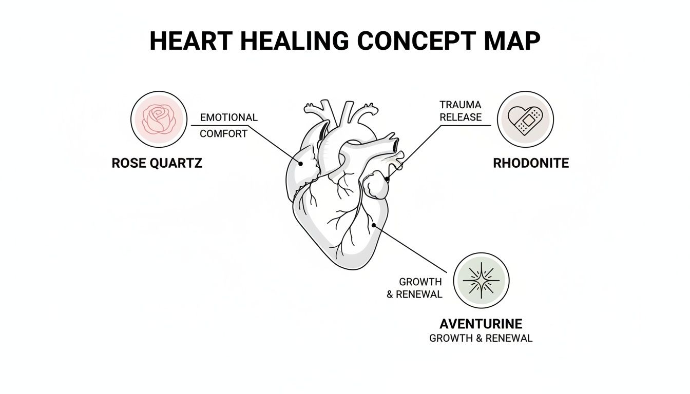 Concept map: Heart healing using Rose Quartz for emotional comfort, Rhodonite for trauma release, and Aventurine for renewal.