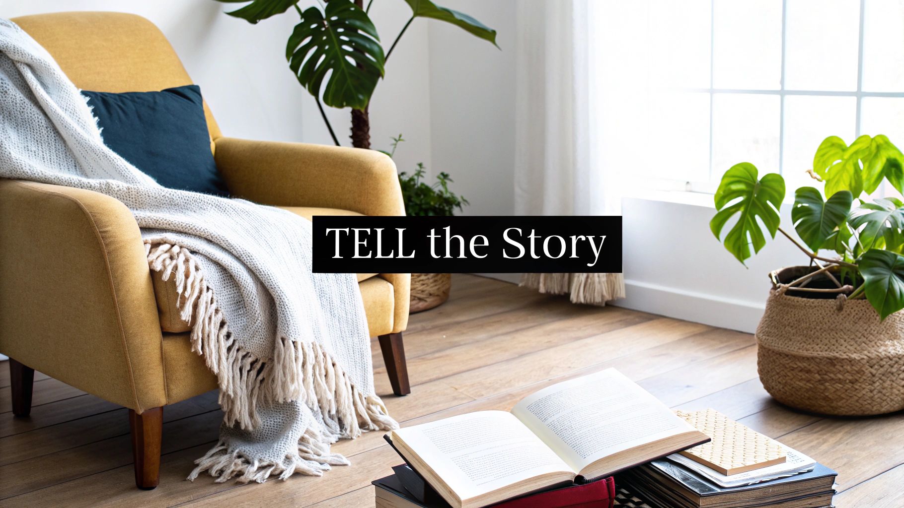 A cozy reading nook with a yellow armchair, green plants, and books on a wooden floor.