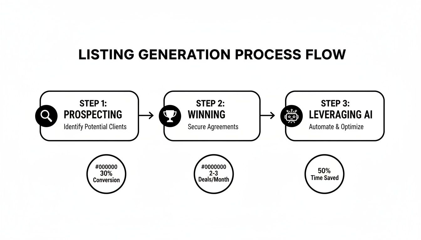 Flowchart detailing a real estate listing generation process: Prospecting, Winning, and Leveraging AI for automation.