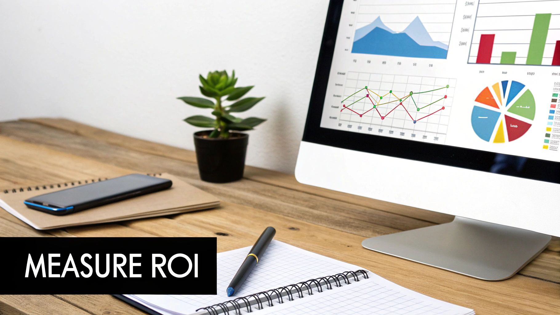 A desk with a computer displaying business graphs and charts, a smartphone, and a 'MEASURE ROI' overlay.
