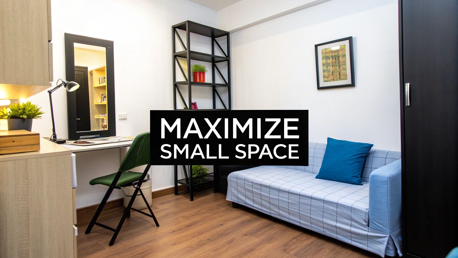 Modern small studio apartment with desk, daybed, and industrial shelving maximizing compact living space