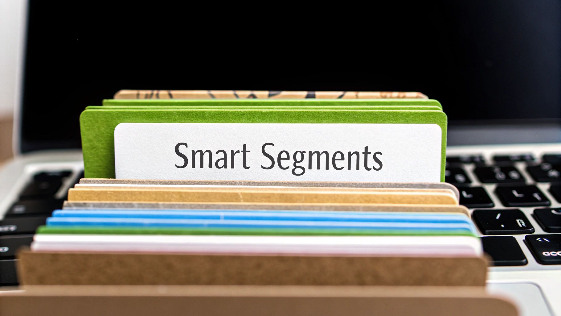 A close-up of a file box on a laptop, with an index card clearly labeled 'Smart Segments'.