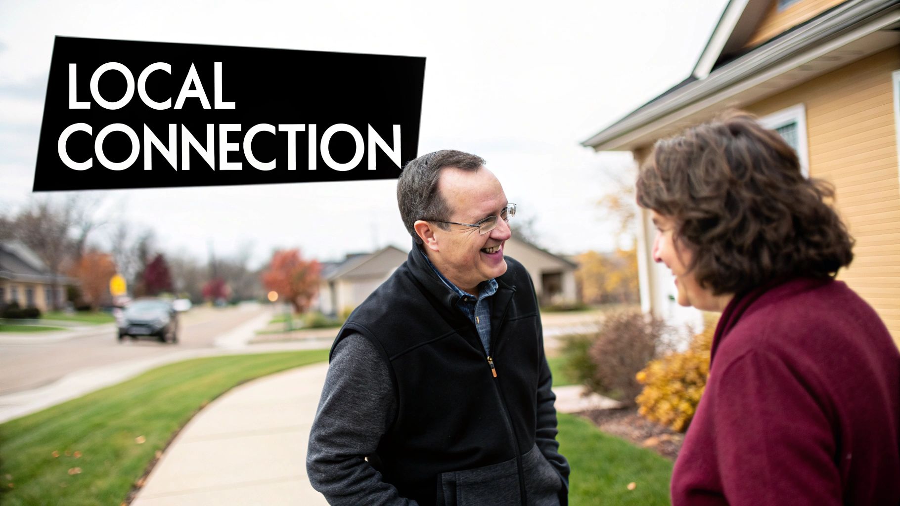 Two smiling people, a man and a woman, chat on a sidewalk with a 'LOCAL CONNECTION' sign.