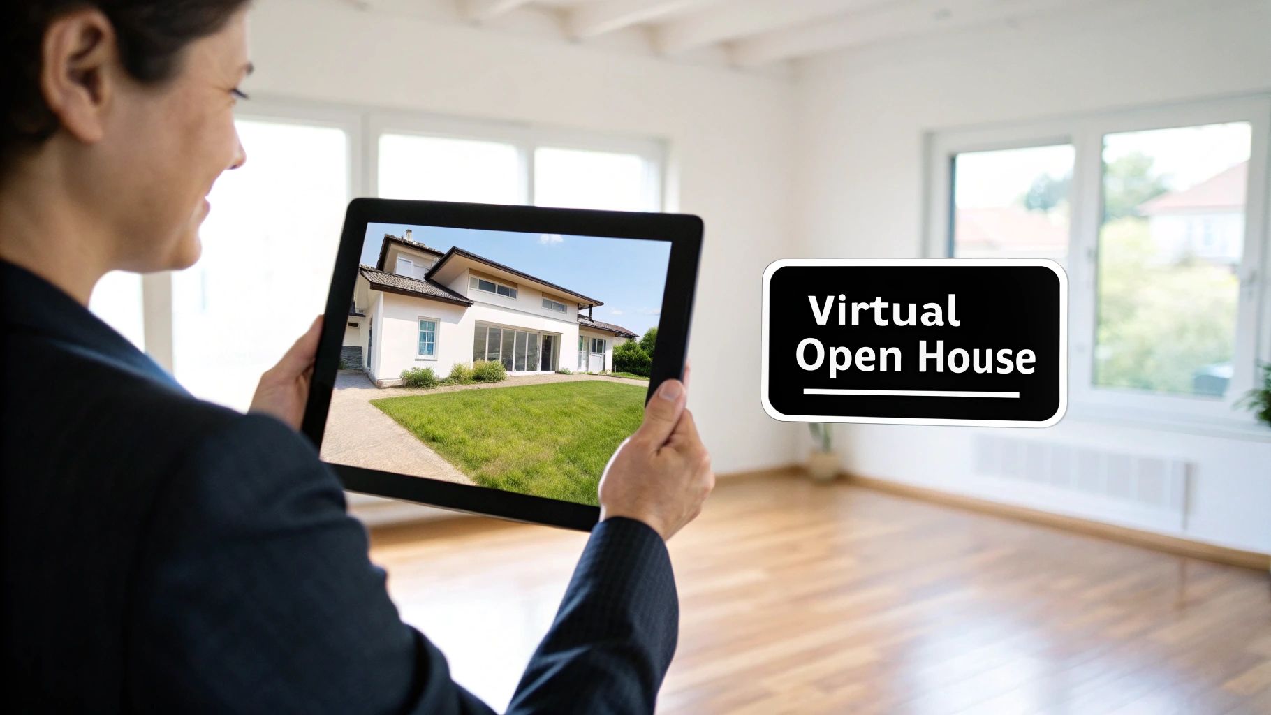 Person holding a tablet displaying a modern house for a virtual open house in an empty room.